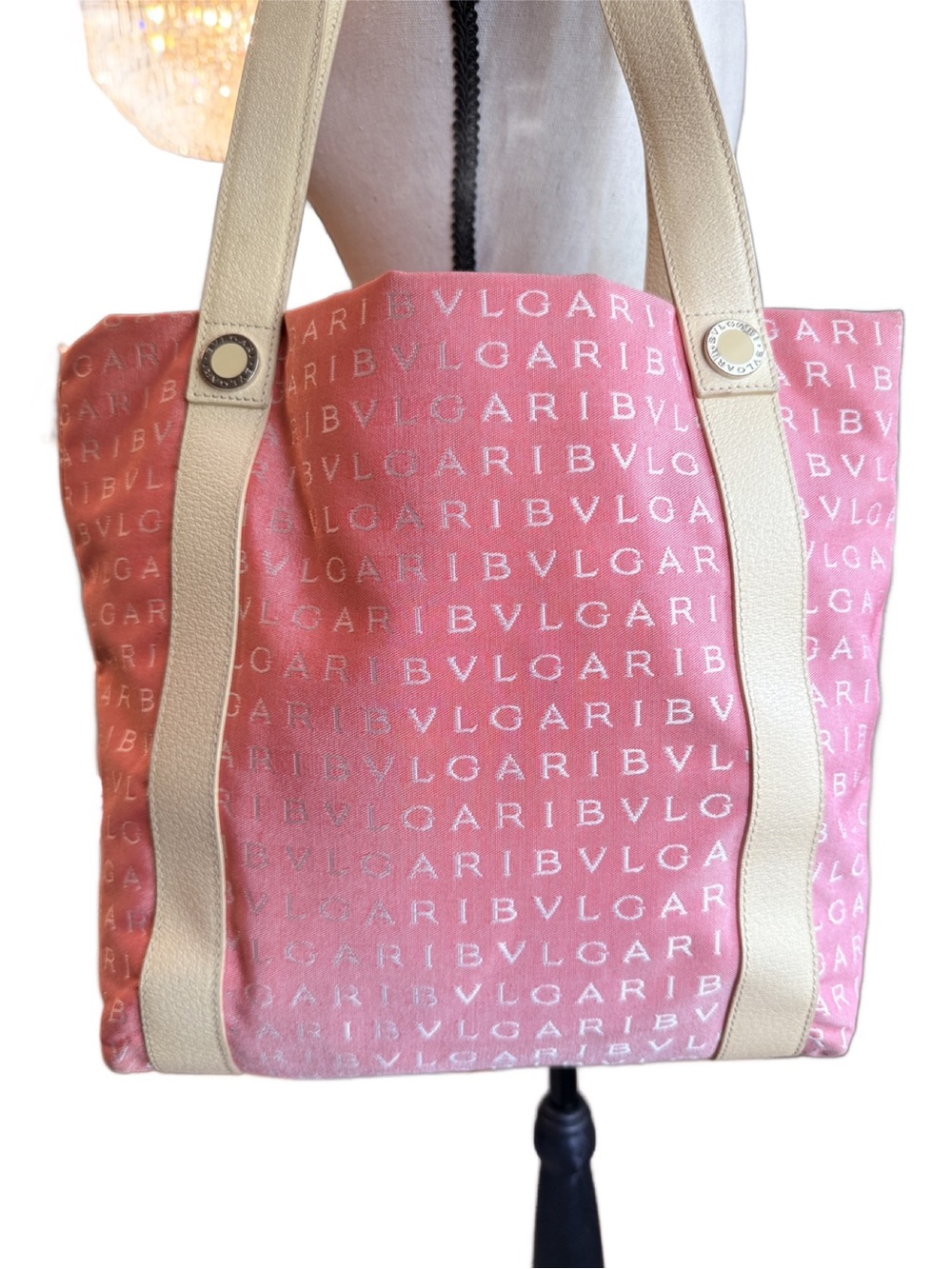 BVLGARI Bulgari Logomania Pink Canvas Tote with Cream Straps - Picture 2 of 15